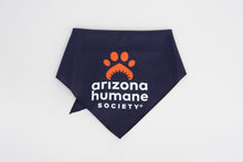 Load image into Gallery viewer, Blue Arizona Humane Society bandana with orange and white logo
